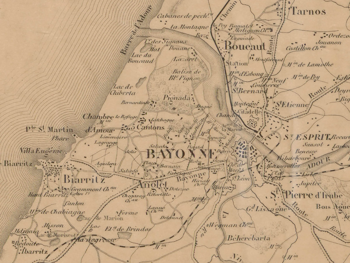 1862 - Carte routière des environs de Bayonne comprenant le littoral depuis Capbreton jusqu'à Saint-Sébastien