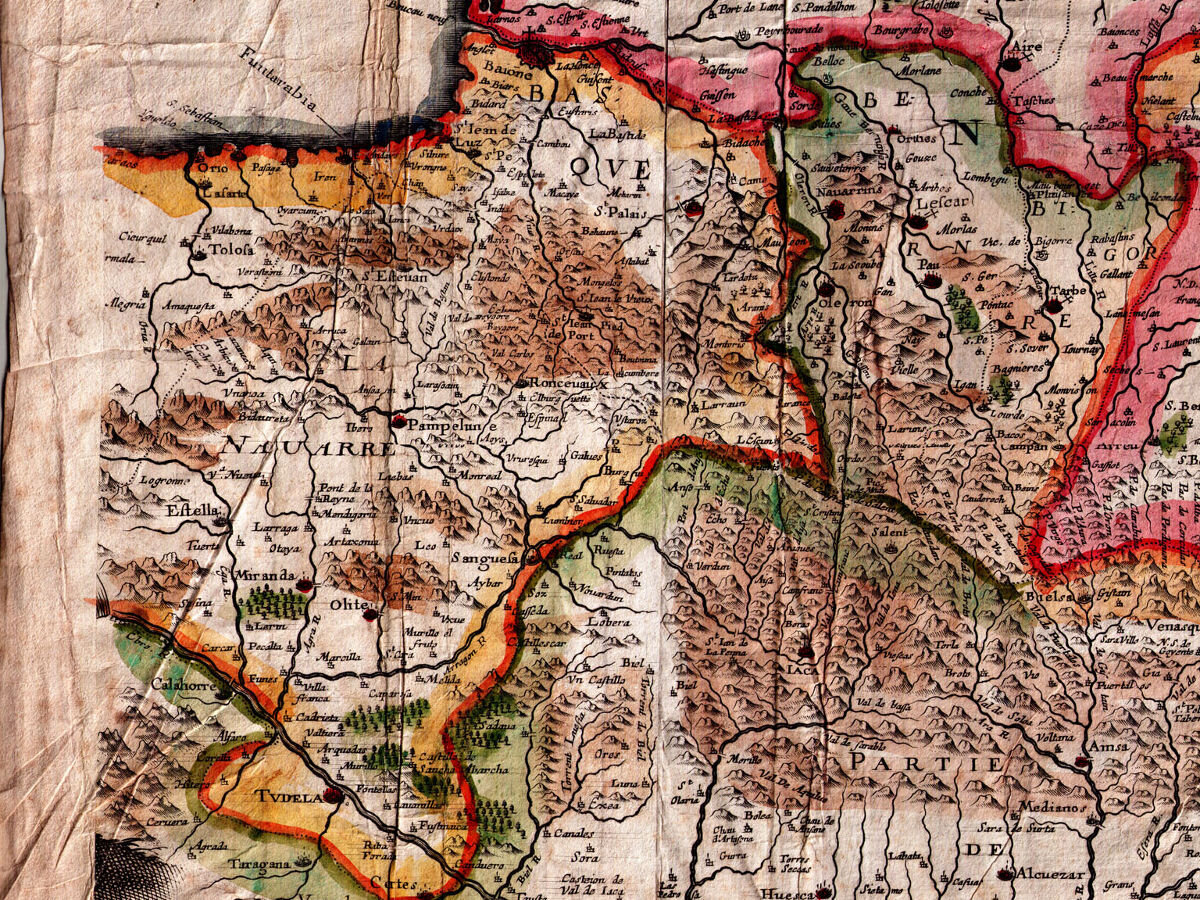 1642 - Carte contenant la Gauscogne, le Bearn, la Nauarre, le Donnesan, le Conserans, le Paix de Capxi, & les Comtes de Foix, & Roussillon, auec Tous les Ports, Passages et entrees de France, en Hespagne, par les Monts Pyrenees