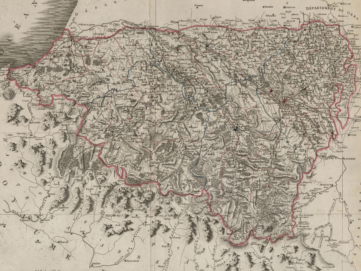 1790 - Département des Basses Pyrénées décrété le 8 février 1790 par l'Assemblée Nationale divisé en 5 arrondissements et en 40 cantons ; gravé par d'Houdon