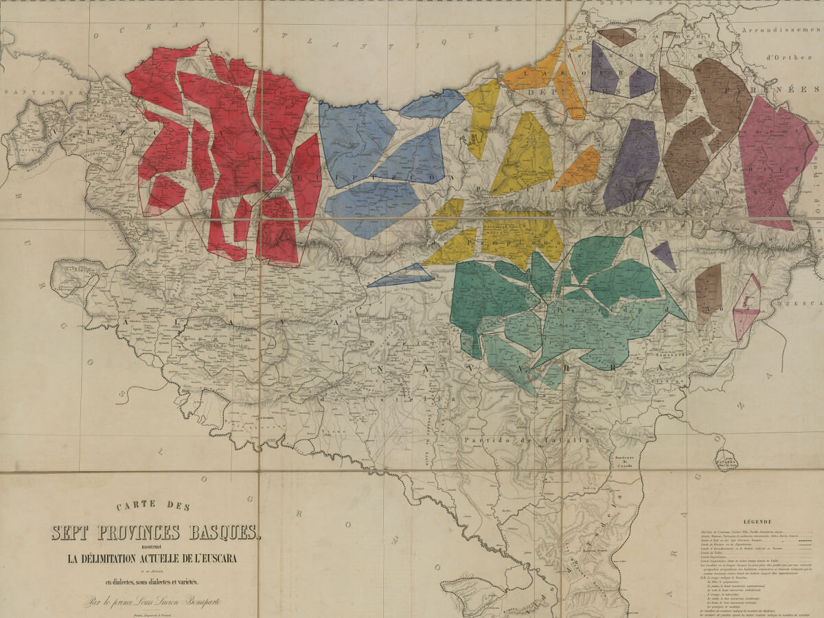 1863 - Carte des sept provinces basques montrant la délimitation actuelle de l'euscara et sa division en dialectes, sous-dialectes et variétés / par le prince Louis-Lucien Bonaparte