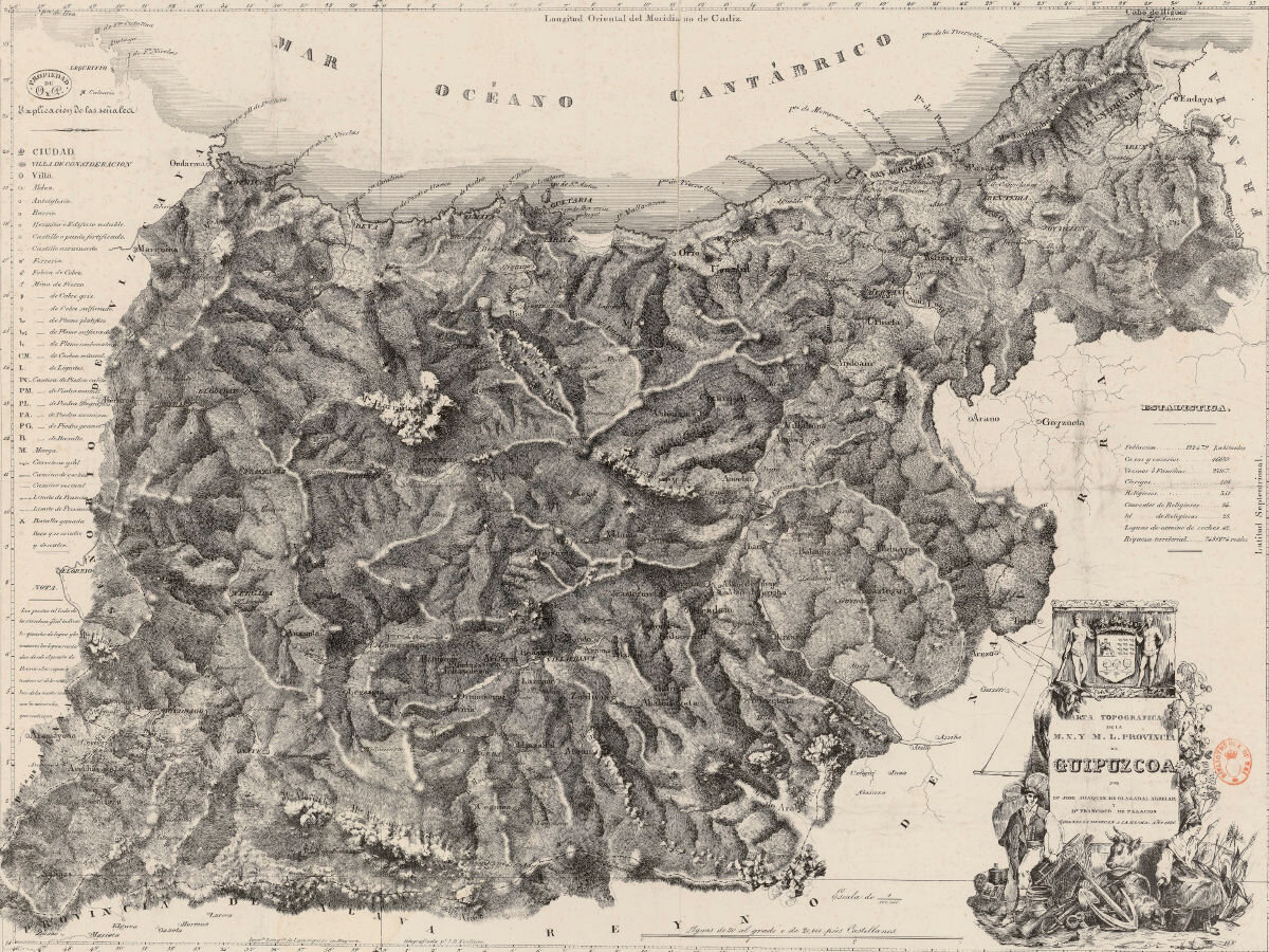 1836 - Carta topografica de la M.N.Y M.L. Provincia de Guipuzcoa / por Dn Jose Joaquin de Olazabal Arbelaiz ; Dn Francisco de Palacios ; impr[...] litog[...] de Lamaignere ; litografiada J.B. Teulieres