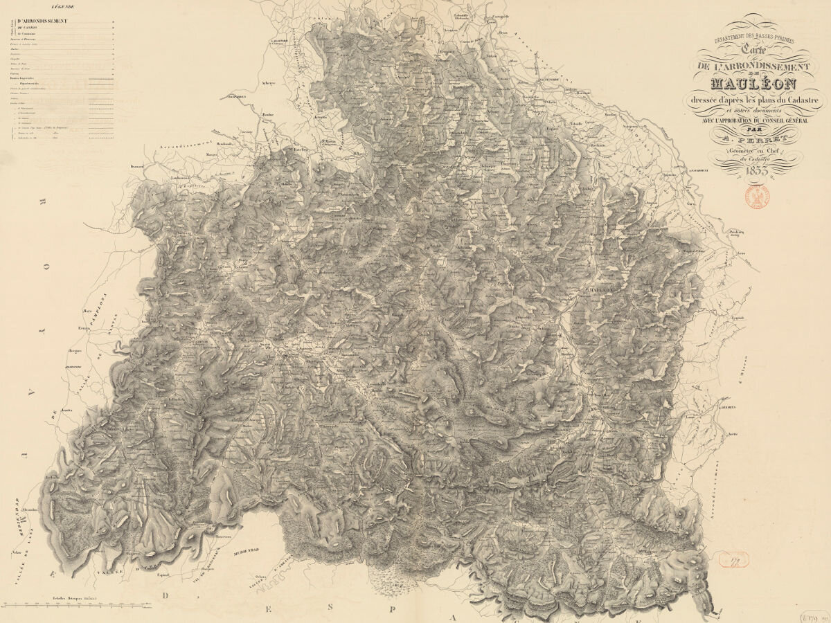 1853 - Département des Basses-Pyrénées. Carte de l'arrondissement de Mauléon / dressée d'après les plans du cadastre et autres documents [...] par A. Perret géomètre en chef du cadastre ; gravé sur pierre par Avril f[rè]res