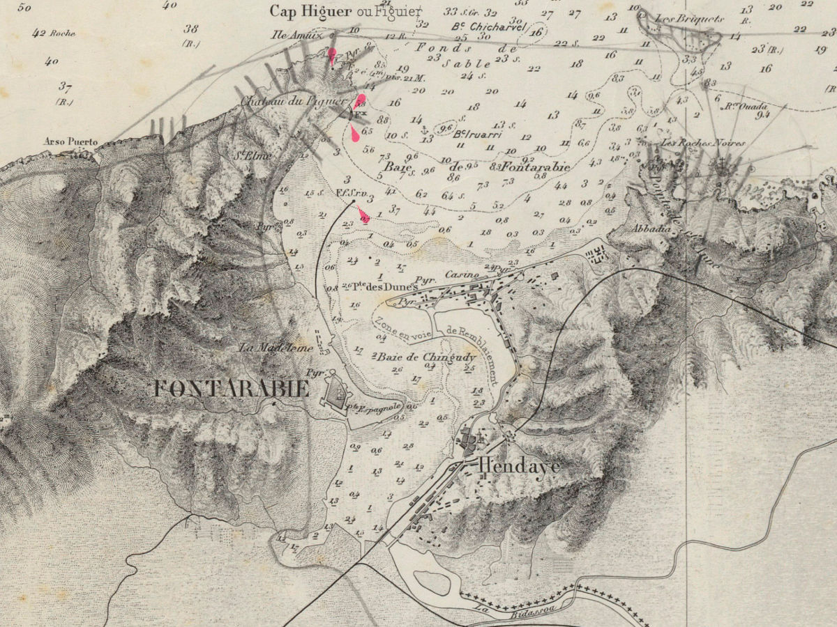 1826 - Côte ouest de France et côte nord d'Espagne de Bayonne à St Sébastien. Carte levée en 1826 par les Ingénieurs Hydrographes de la Marine / Sous les ordres de M. Beautemps-Beaupré Ingénieur Hydrographe en chef ; gravé le trait par Michel