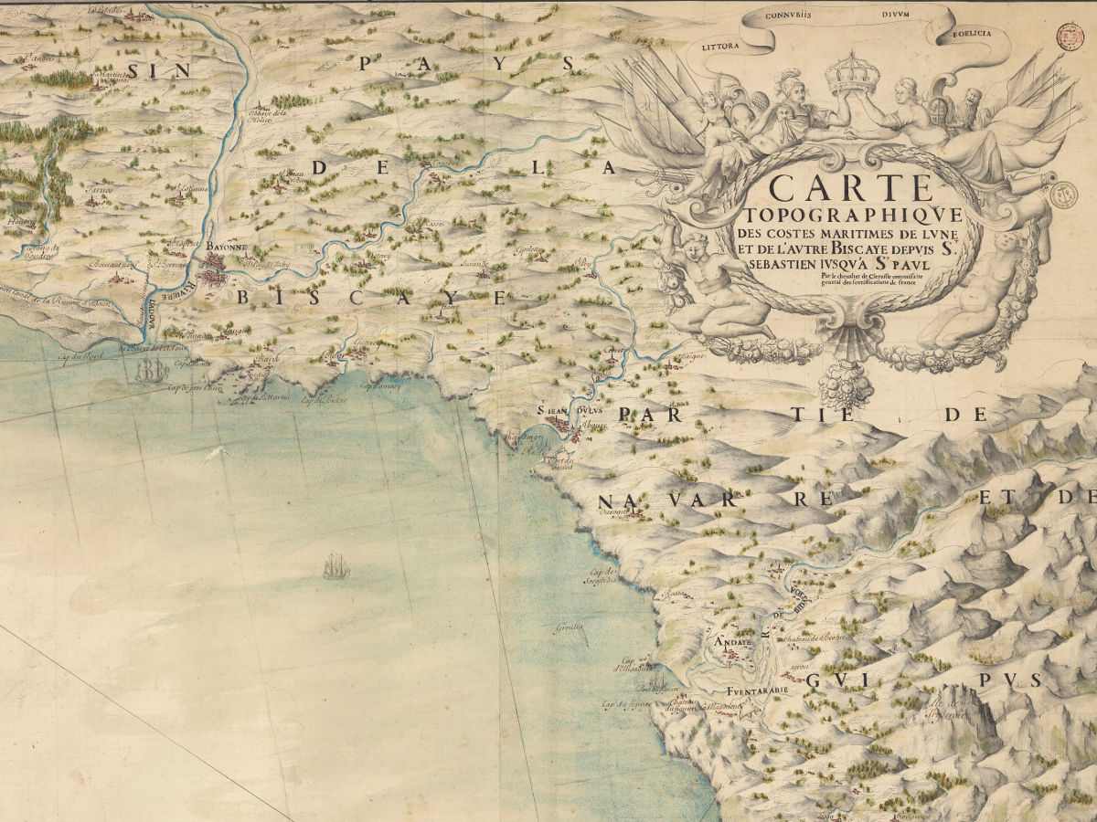 1628 - Carte topographique des costes maritimes de l'une et de l'autre Biscaye depuis St. Sébastien jusqu'à St. Paul / par le chevalier de Clerville,...