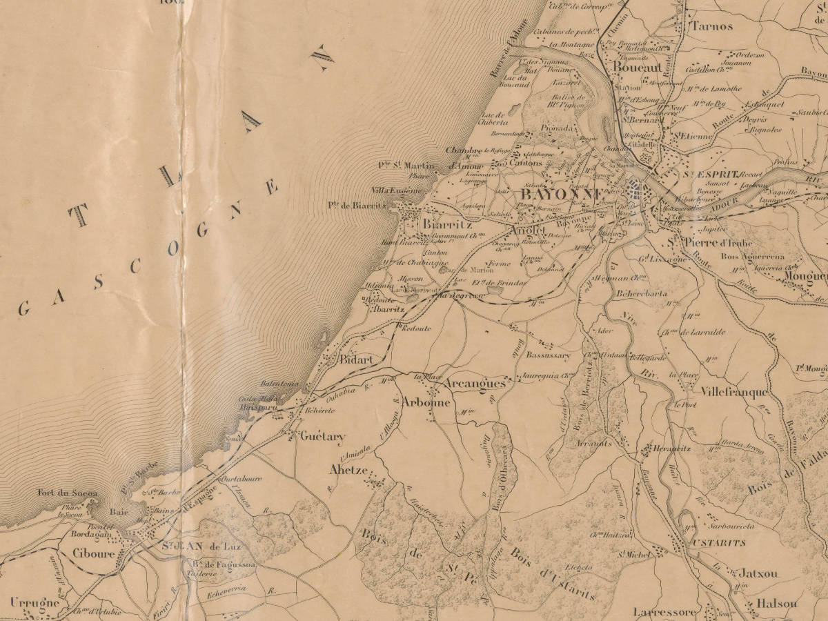 1862 - Bayonne (environs). Carte routière des environs de Bayonne comprenant le littoral depuis Capbreton jusqu'à Saint-Sébastien