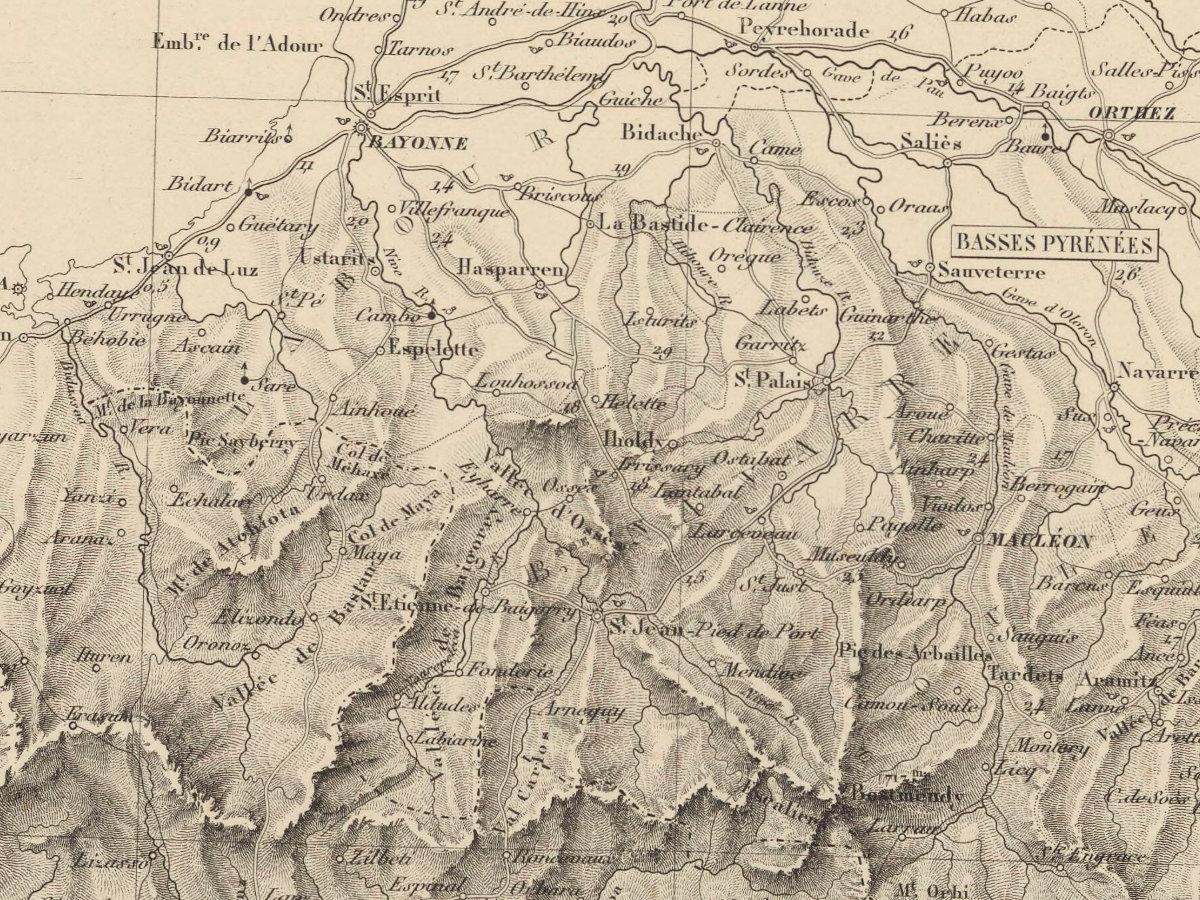 Carte physique et routière des Pyrénées, donnant les établissements d'eaux minérales, ainsi que les endroits remarquables par les sites pittoresques et curiosités naturelles, etc. / dressé d'après les cartes du Dépôt de la Guerre et celles du Cadastre par A. Vuillemin ; gravée par Ch. Smith