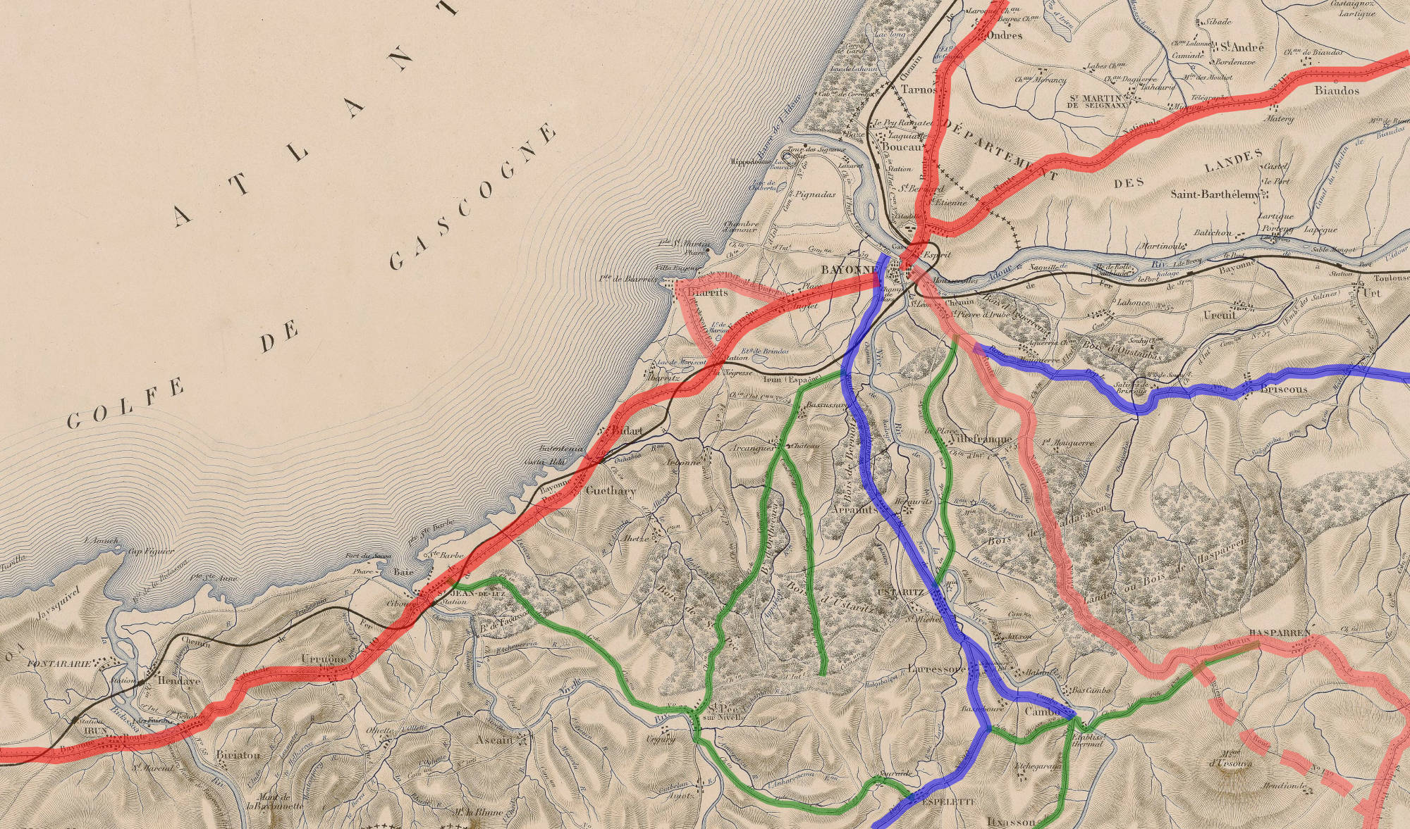 Carte routière des environs de Bayonne... depuis capbreton jusqu'à St Sébastien...